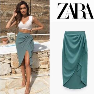 Zara Women Sage Green Faux Wrap Hi-Lo Midi Skirt Ruffle asymmetric lightweight